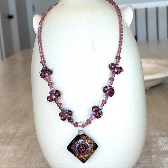 NEXKLACE AND EARRING SET purple and gold handmade glass and resin flowers - Picture 3 of 11